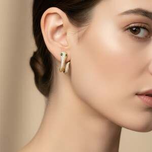 Luxx Urban Gold Pave CZ Snake Hoop Earrings with Green Eyes